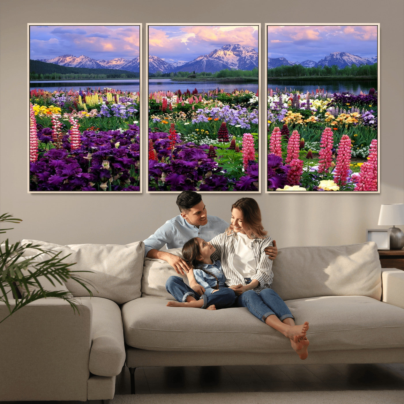 MGV-FC-60X30-3P - Vibrant Wildflower Garden and Mountain View Giclee Canvas Print | Floral Wall Art for Living Room