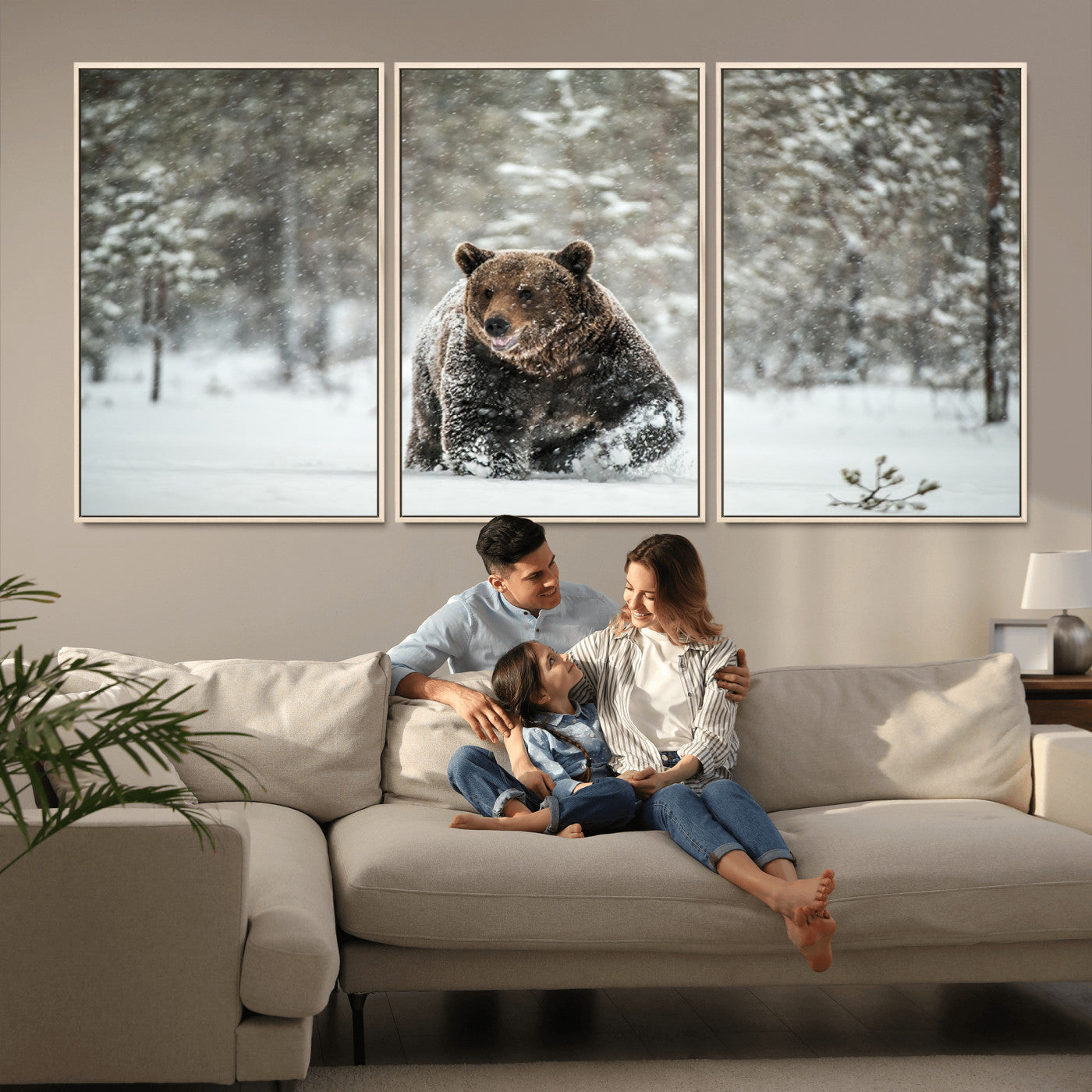 A majestic brown bear moves through a snowy forest landscape, surrounded by falling snowflakes, capturing the essence of wildlife in winter.