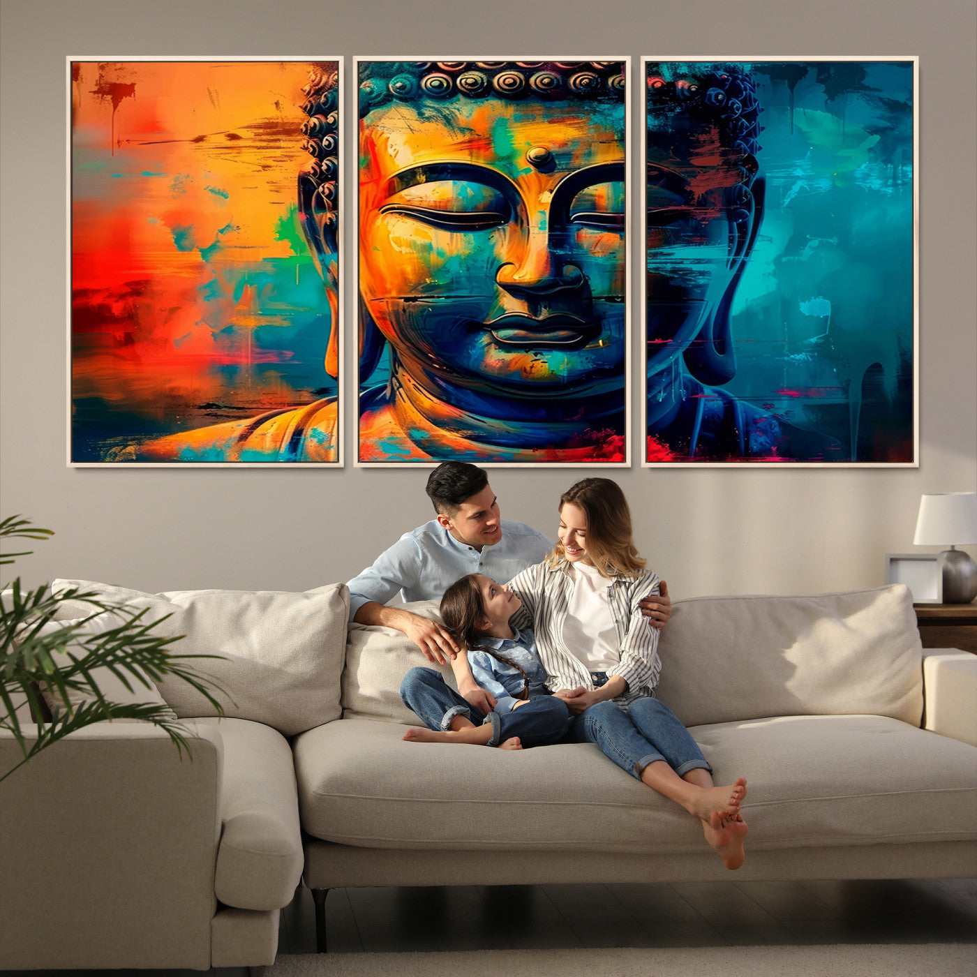 A vibrant, abstract artistic rendition of a Buddha statue face, blending bold and contrasting colors to evoke a sense of peace, spirituality, and enlightenment.