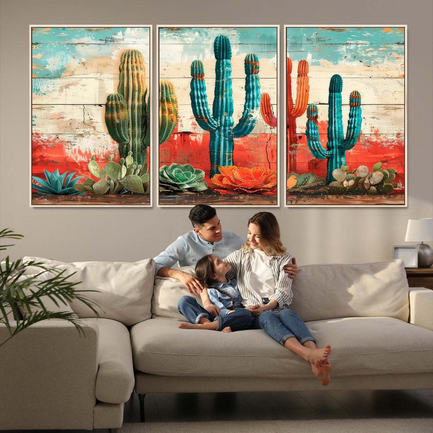 A vivid southwestern-style artwork featuring an eclectic mix of cacti and succulents painted against a textured, rustic wood backdrop in rich turquoise, red, and orange hues.