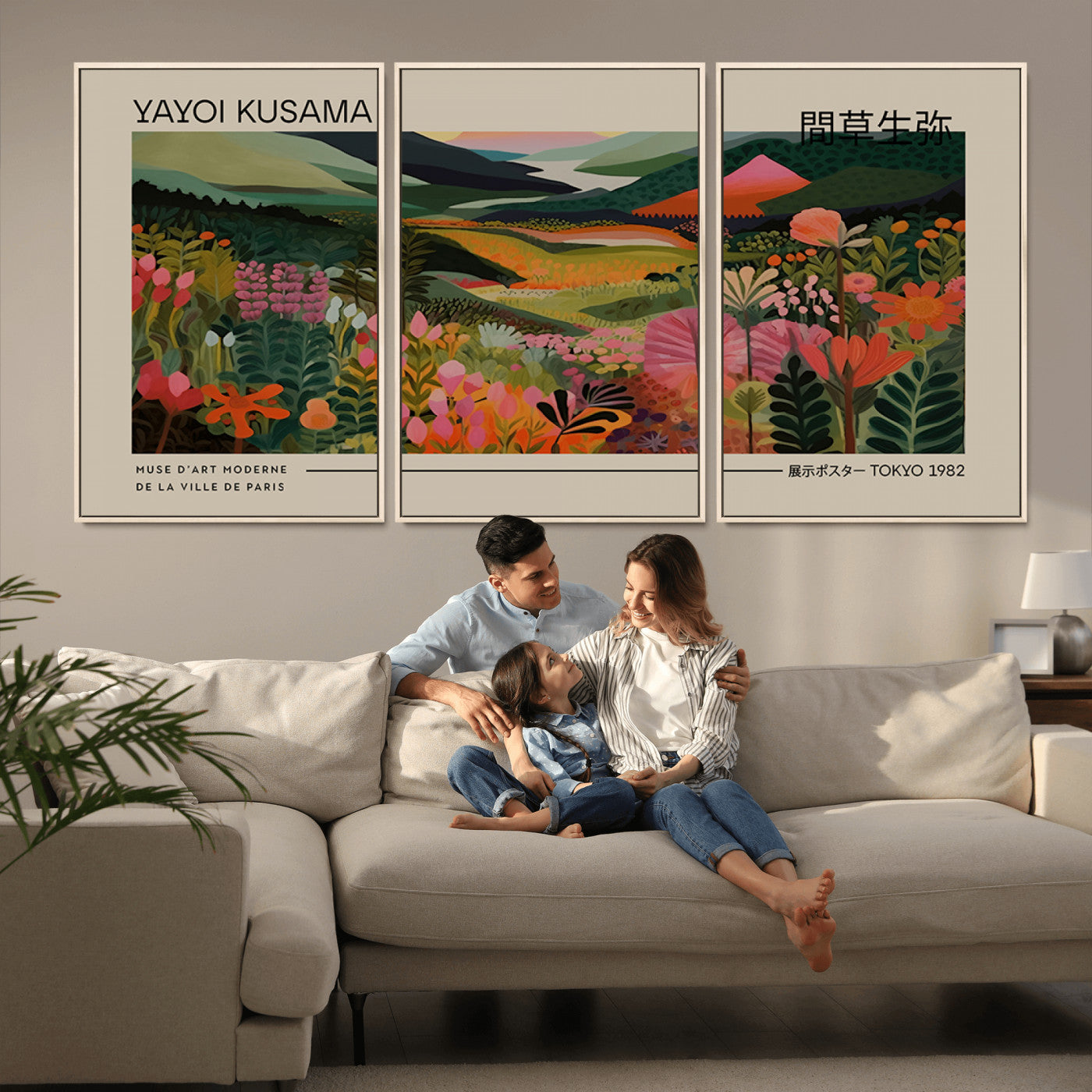 MGV-FC-60X30-3P - Yayoi Kusama Landscape Canvas Print, Vibrant Floral Mountain Art Print, Botanical Flower Nature