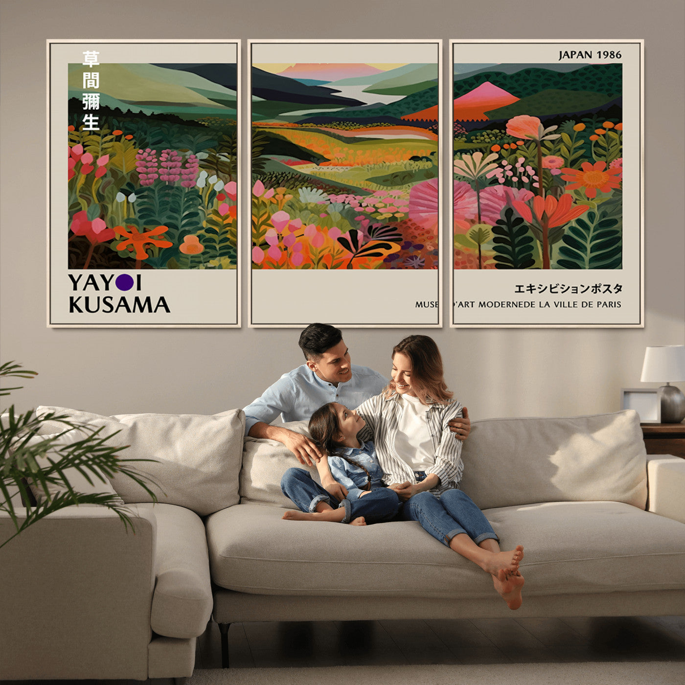 MGV-FC-60X30-3P - Yayoi Kusama Abstract Print, Vibrant Floral Mountain Art Print, Botanical Flower Nature Decor,