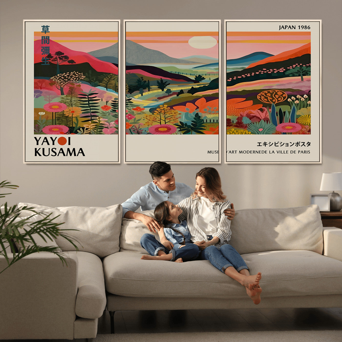 MGV-FC-60X30-3P - Yayoi Kusama Landscape Canvas Print, Vibrant Floral Mountain Art Print, Botanical Flower Nature