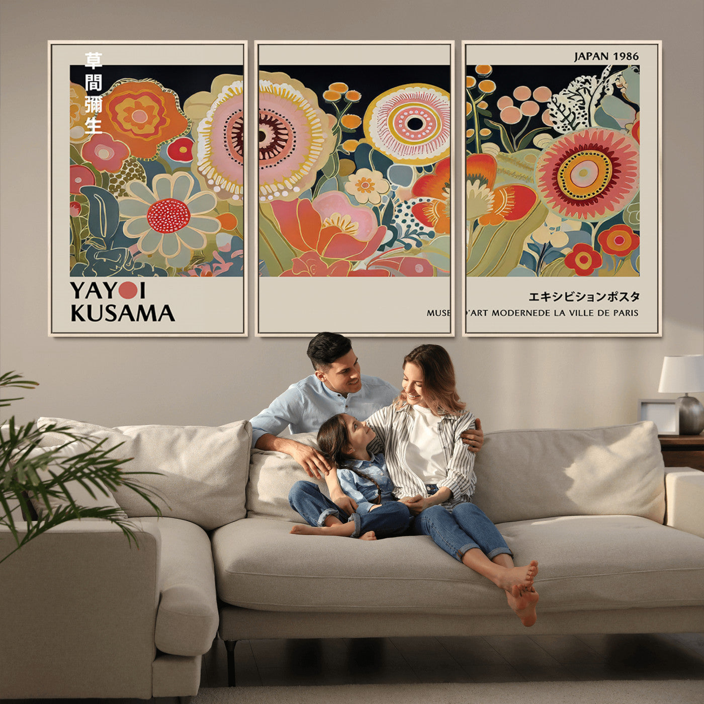 MGV-FC-60X30-3P - Yayoi Kusama Landscape Canvas Print, Vibrant Floral Mountain Art Print, Botanical Flower Nature Decor, Sunset Scenery Artwork