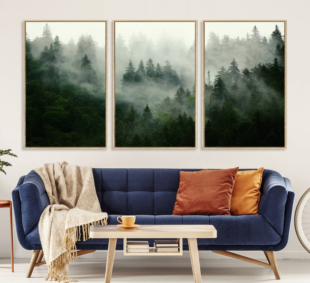 Misty Forest Mountain Wall Art | Large 3-Panel Foggy Landscape Canvas Print | Misty Forest Canvas Art | Nature Wall Art for Home | Mountain Fog Print