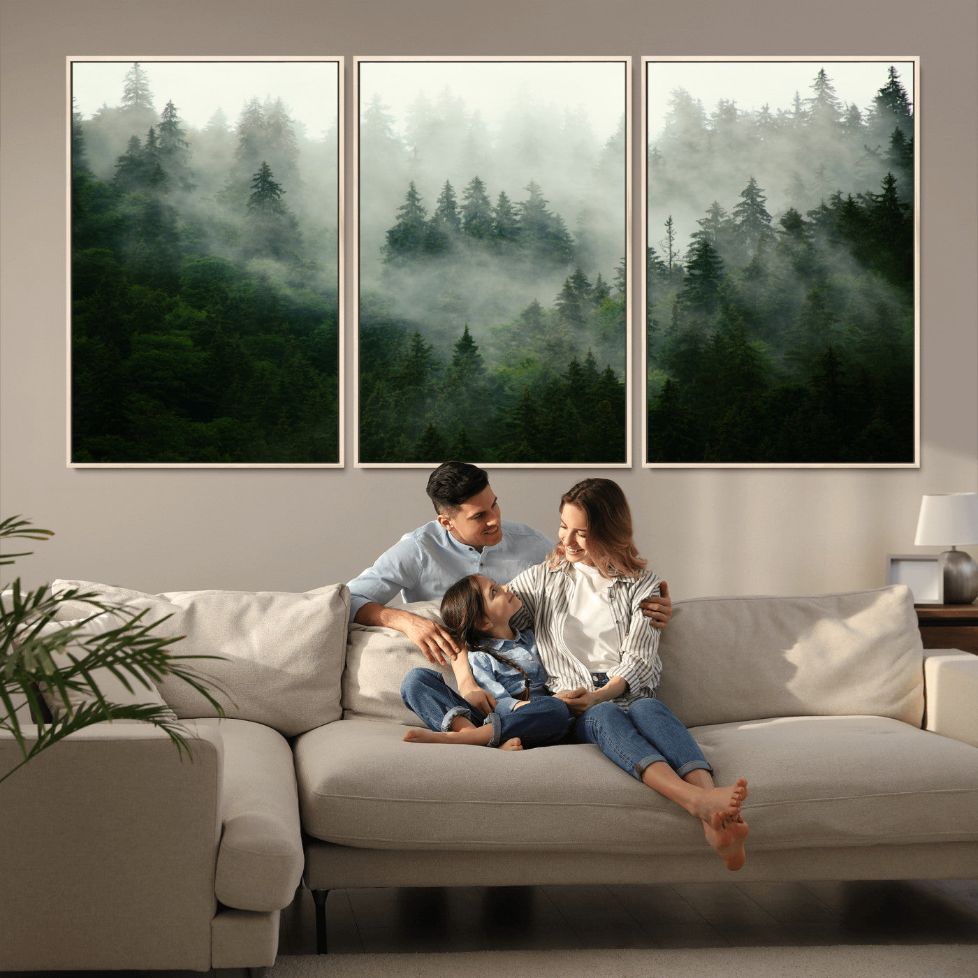 MGV-FC-60X30-3P - Misty Forest Mountain Wall Art Canvas  | Large 3-Panel Foggy Landscape Canvas Print | Nature Misty
