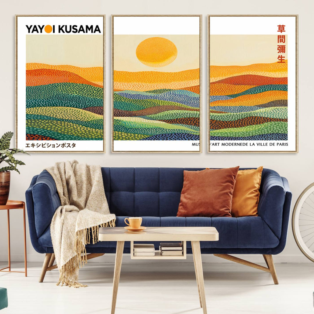 Framed Yayoi Kusama 1986 Wall Art: A vibrant abstract landscape featuring Wabi Sabi hills and a sun, created by the Japanese artist.