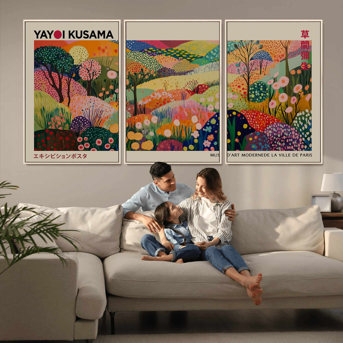 MGV-FC-60X30-3P - Framed Yayoi Kusama 1986 Wall Art Print – Japanese Wall Art Print, Wabi Sabi Yayoi Kusama Print -