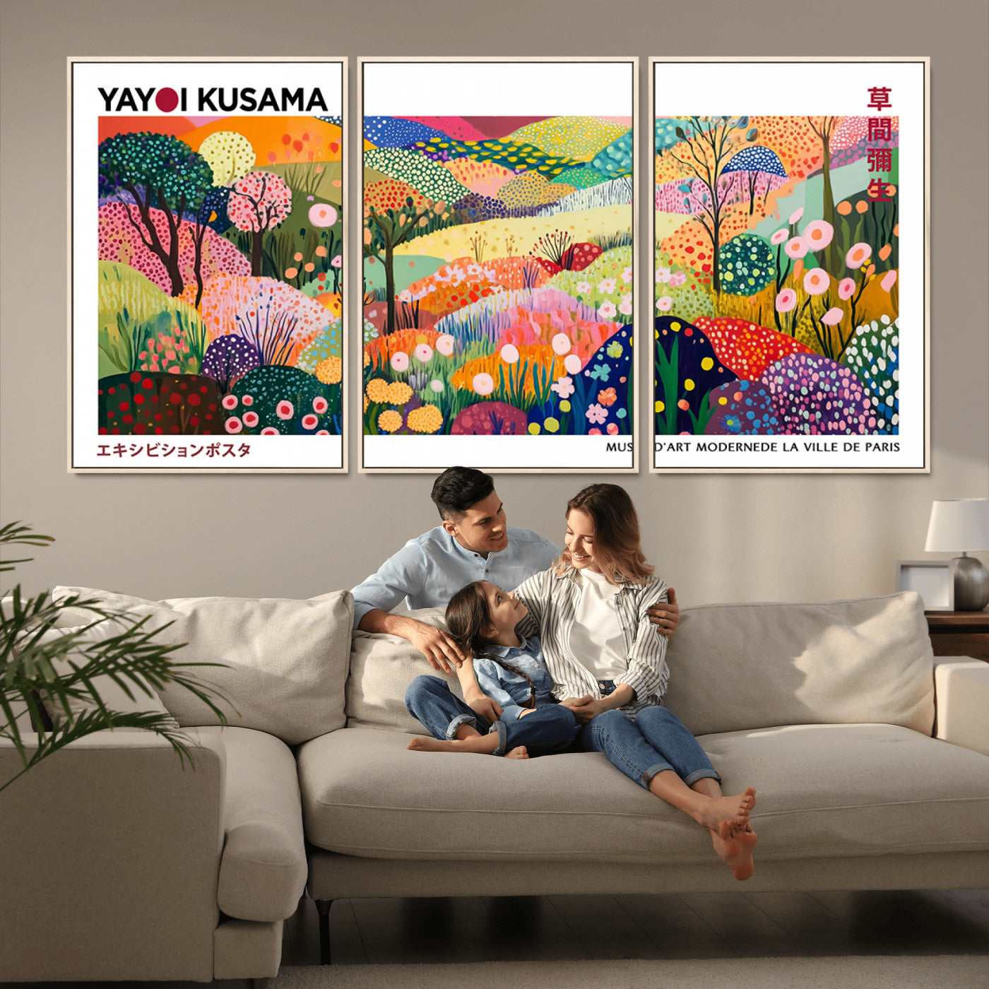 MGV-FC-60X30-3P - Framed Yayoi Kusama 1986 Wall Art Print – Japanese Wall Art Print, Wabi Sabi Yayoi Kusama Print -