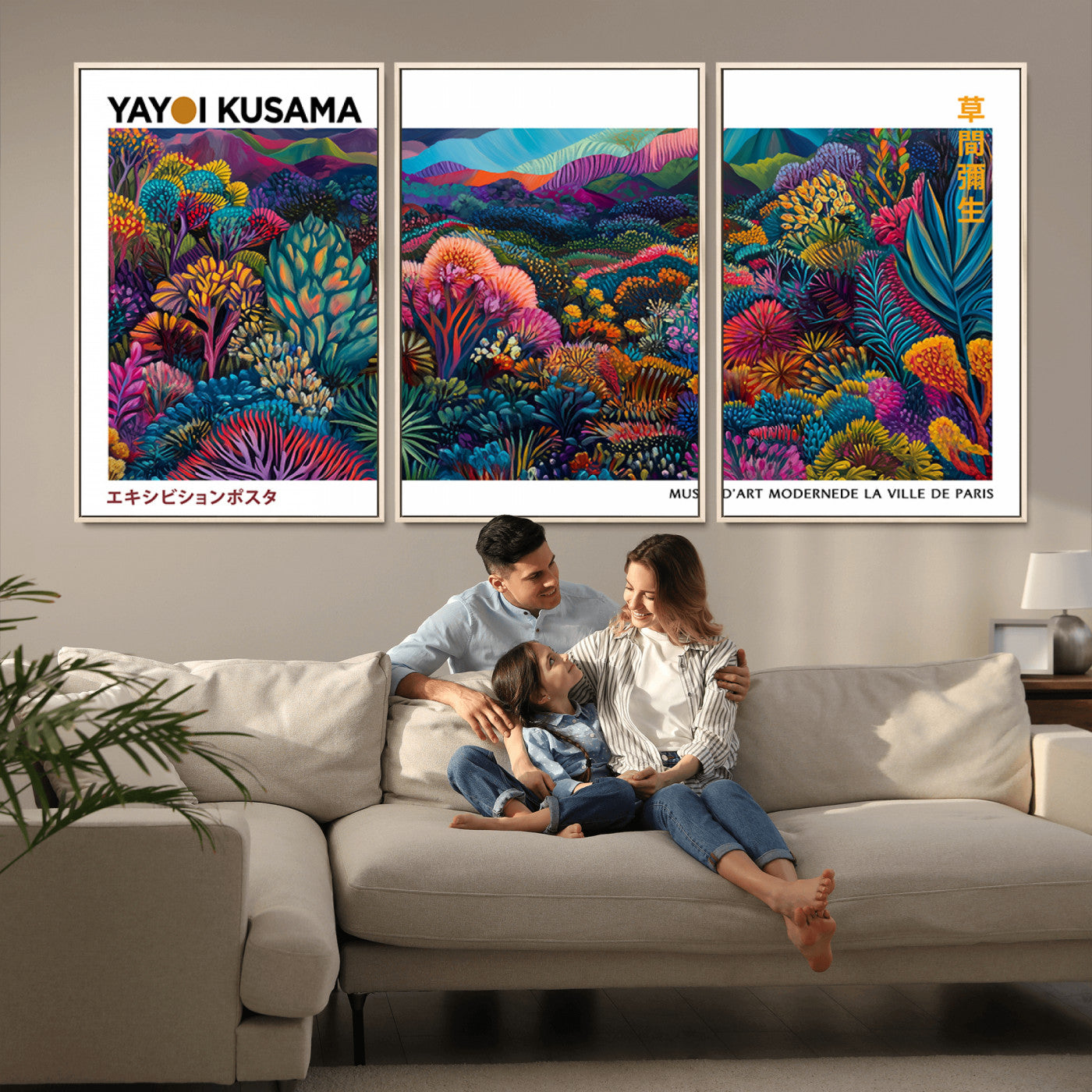 MGV-FC-60X30-3P - Framed Yayoi Kusama 1986 Wall Art Print – Japanese Wall Art Print, Wabi Sabi Yayoi Kusama Print -