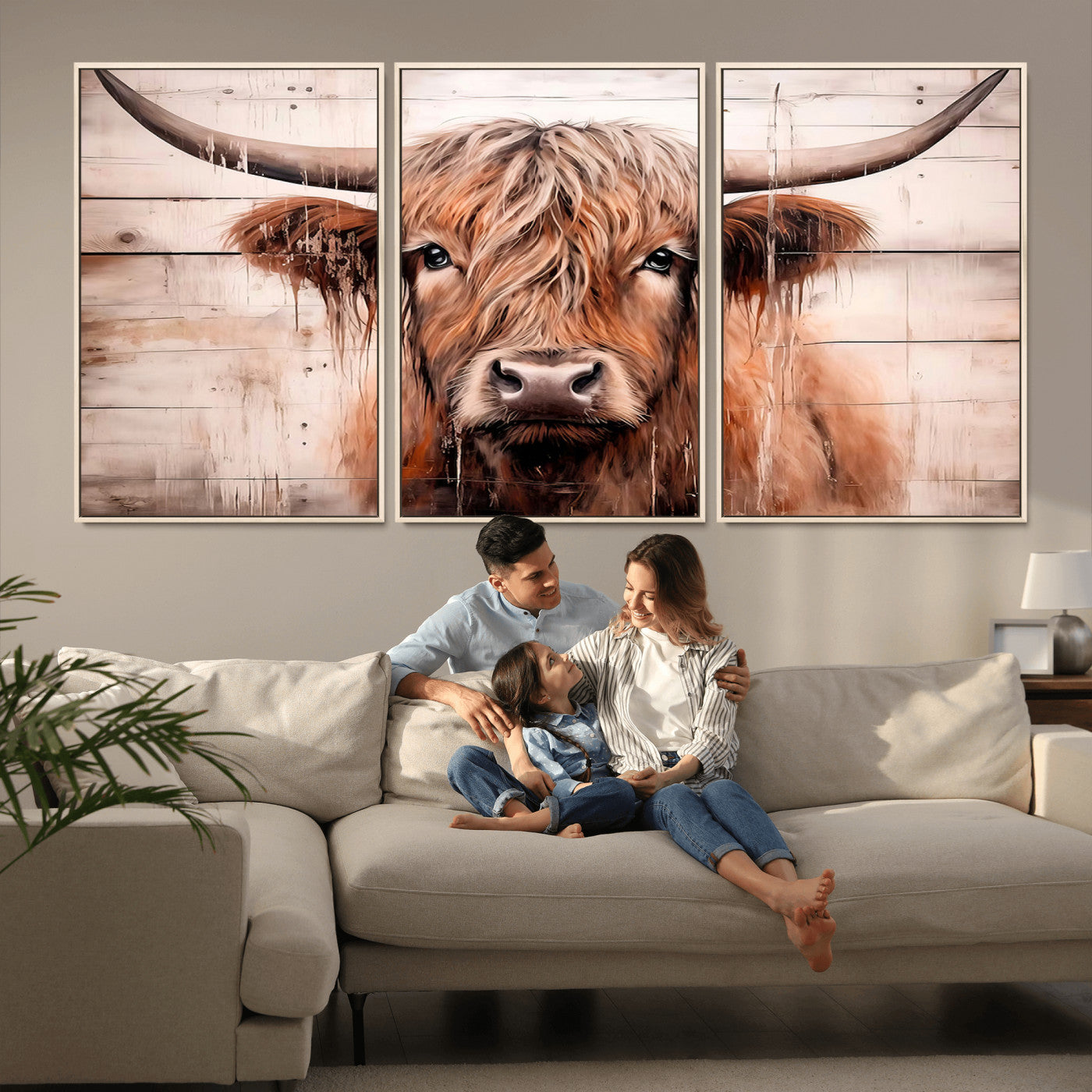 MGV-FC-60X30-3P - Vintage Scottish Highland Cow Cattle Art Print Farmhouse Wall Art Canvas Print