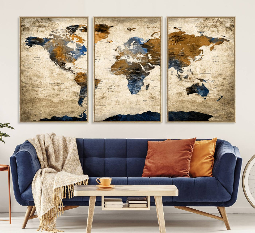A Vintage World Map Canvas featuring brown, blue, and white on a textured background. Ideal for wall art in living rooms or offices.
