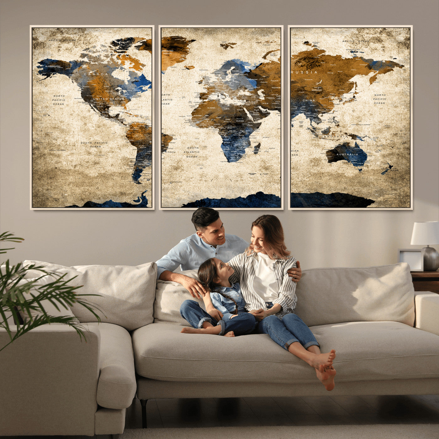 MGV-FC-60X30-3P - World Map Canvas Print – Framed Wall Art Anniversary Gift or Home Adventure Decor