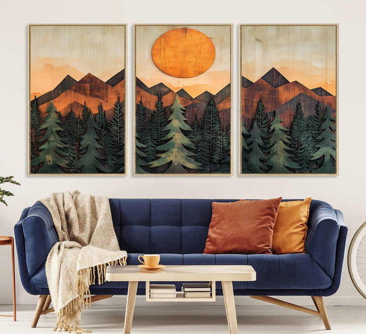 Sunset Mountain Landscape canvas wall art print featuring forest and wooden textures in green, brown, and orange.