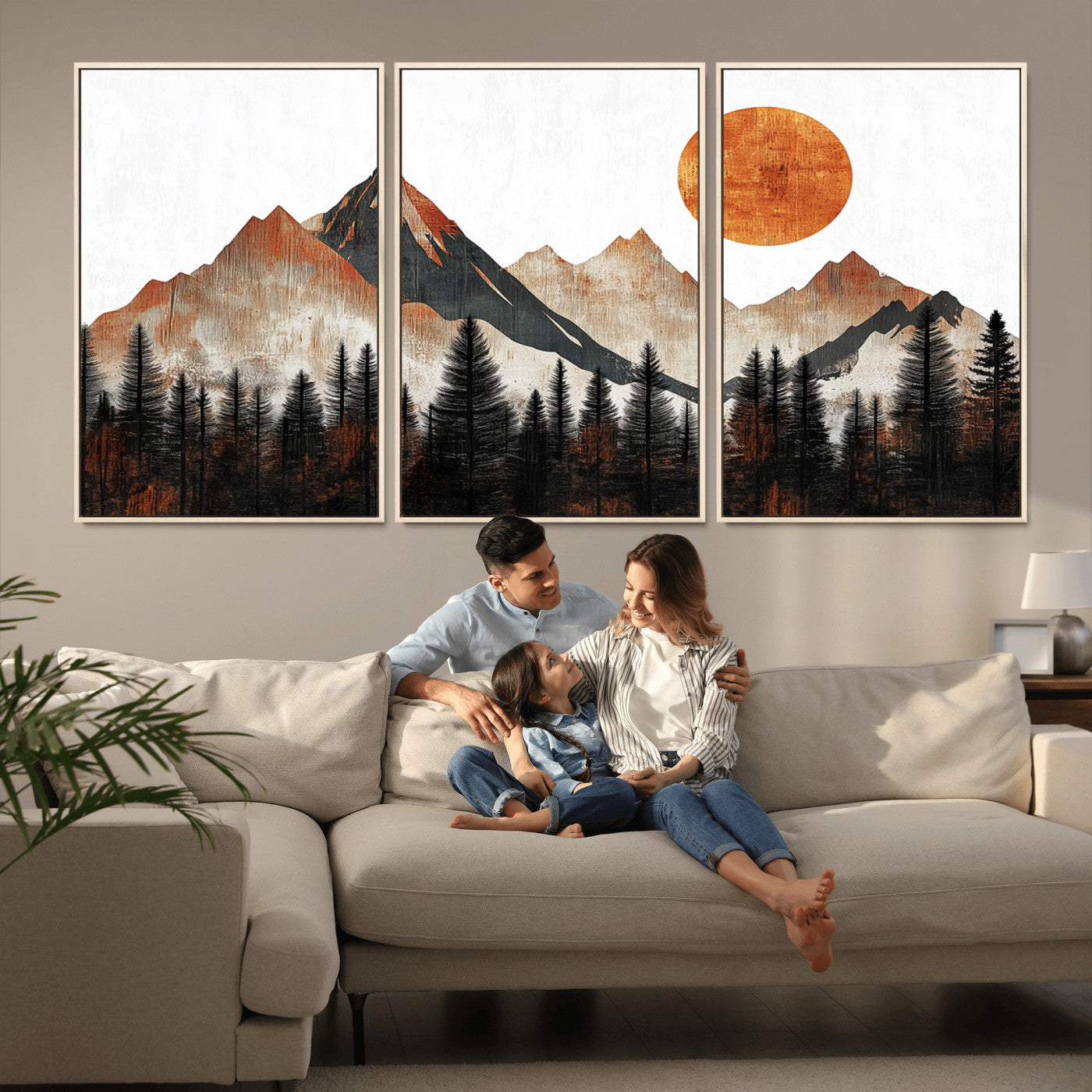 MGV-FC-60X30-3P - Modern Abstract Mountain Canvas Wall Art Print, Abstract Landscape Print, Rustic Sun and Mountains