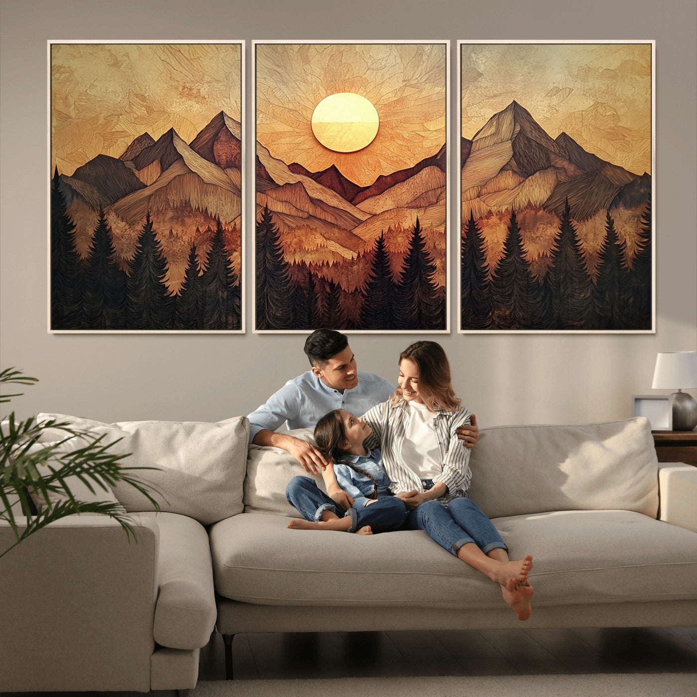 MGV-FC-60X30-3P - Wood Style Abstract Mountain Sunset Canvas Wall Art Print - Warm Earth Nature-Inspired Decor for