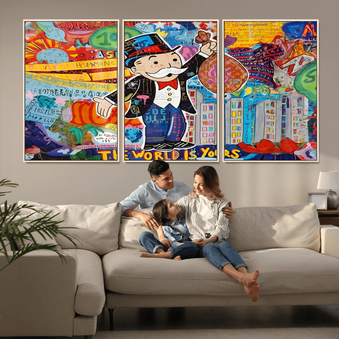 MGV-FC-60X30-3P - Pop Art Monopoly Man Canvas Wall Art Print - Bold and Colorful Street Art-Inspired Decor for Living
