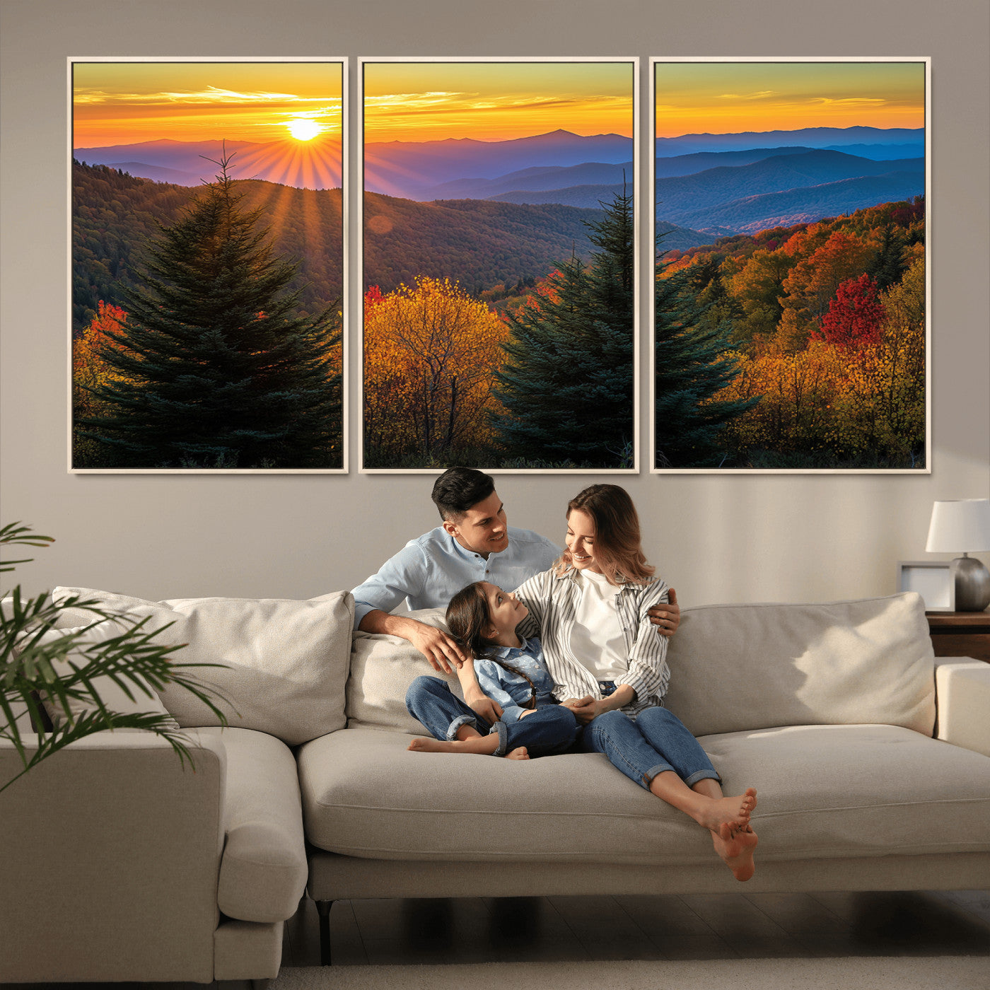 MGV-FC-60X30-3P - Golden Sunset Over Mountain Forest Canvas Wall Art Print - Warm Nature-Inspired Landscape for Living