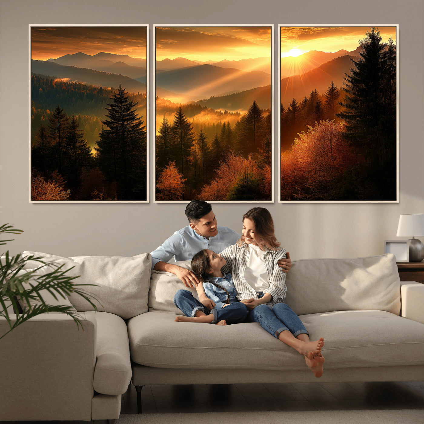 MGV-FC-60X30-3P - Golden Sunset Over Mountain Forest Canvas Wall Art Print - Warm Nature Landscape Print