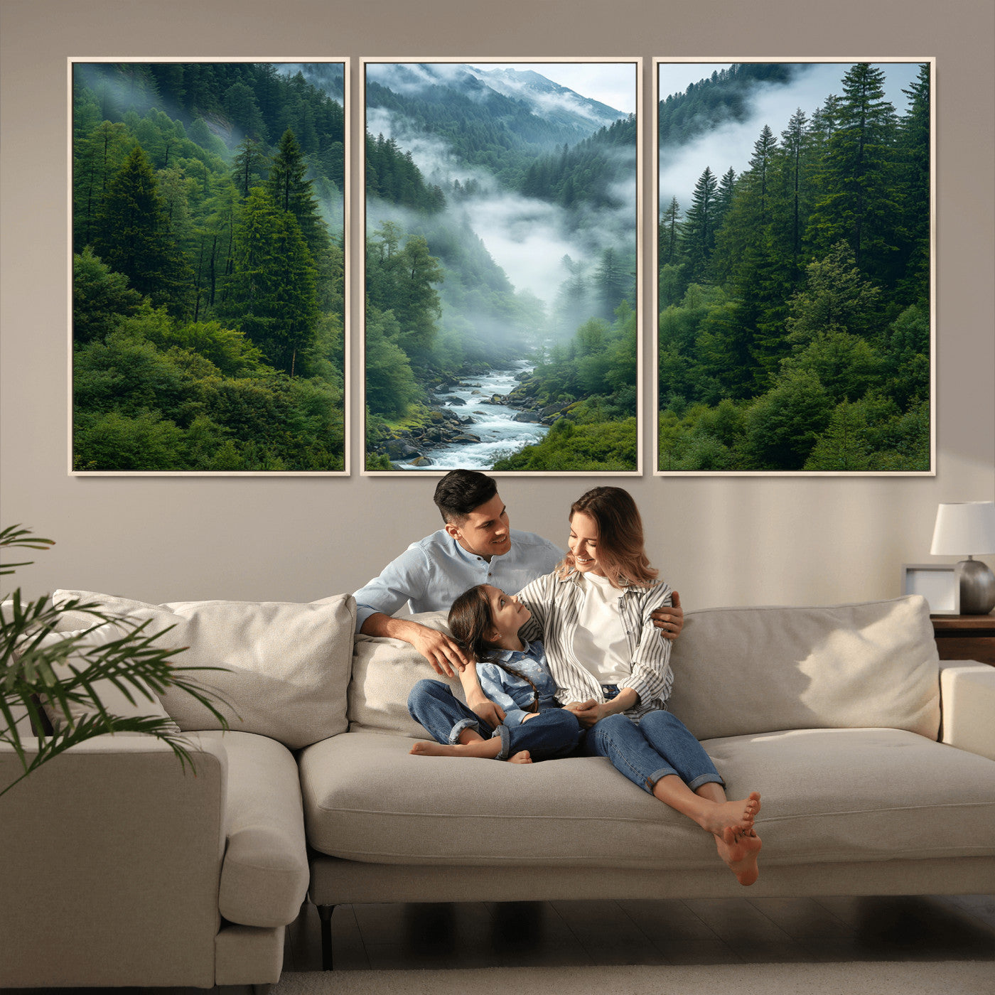 MGV-FC-60X30-3P - Mountain Forest River Canvas Wall Art Print - Serene Nature Landscape for Living Room, Office, or