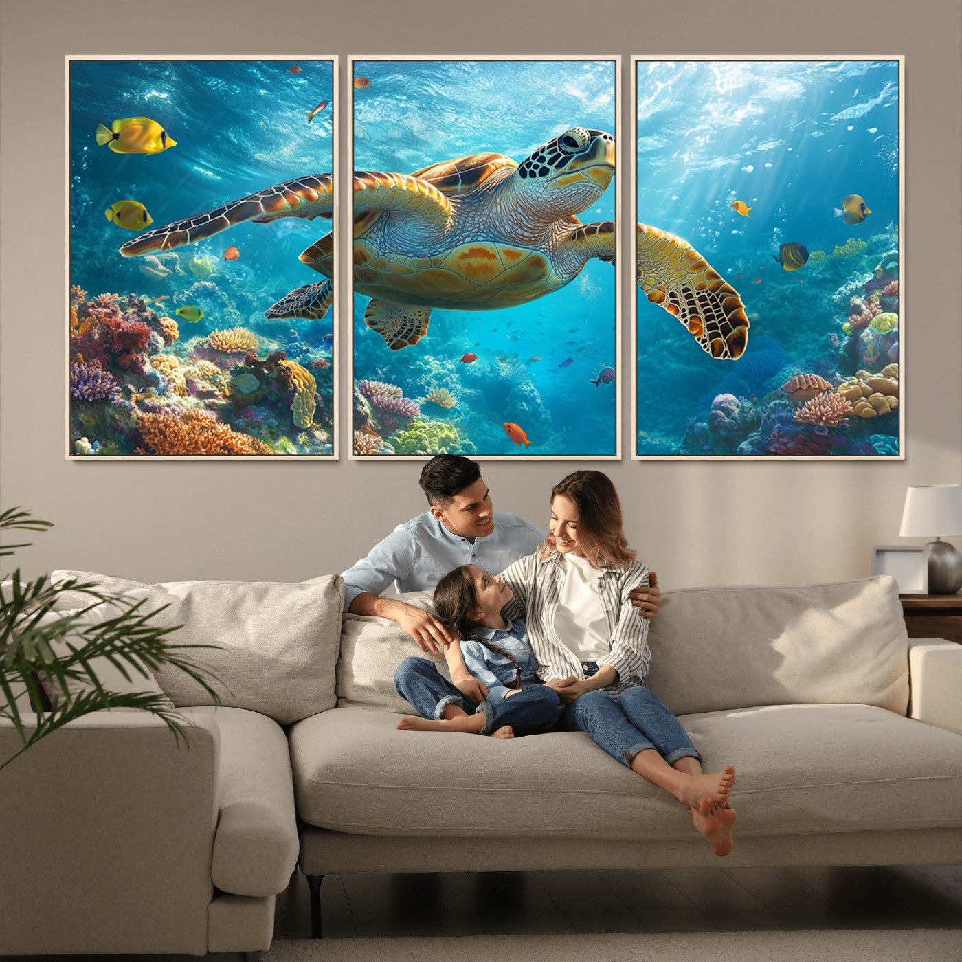 MGV-FC-60X30-3P - Sea Turtle Underwater Canvas Wall Art Print - Vibrant Ocean Wildlife Decor, Marine Wall Art