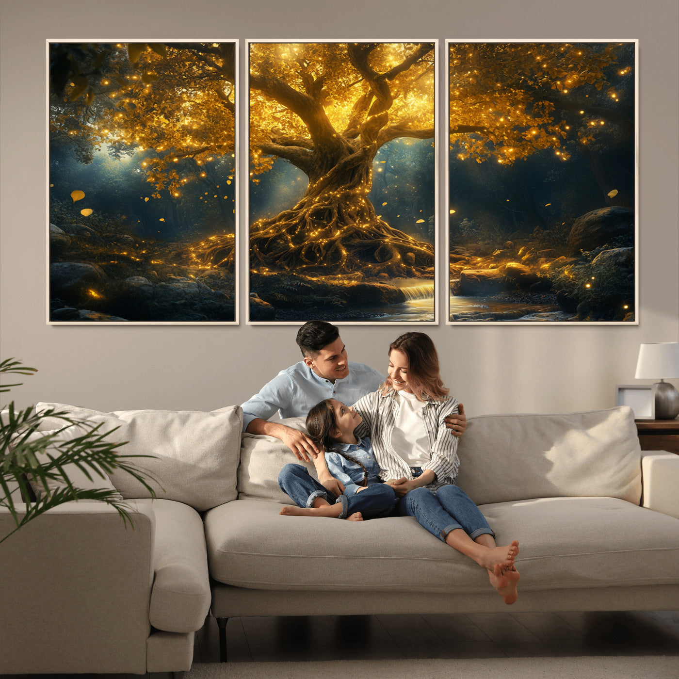 MGV-FC-60X30-3P - Golden Tree of Life Canvas Wall Art Print - Majestic Glowing Tree Wall Art Print