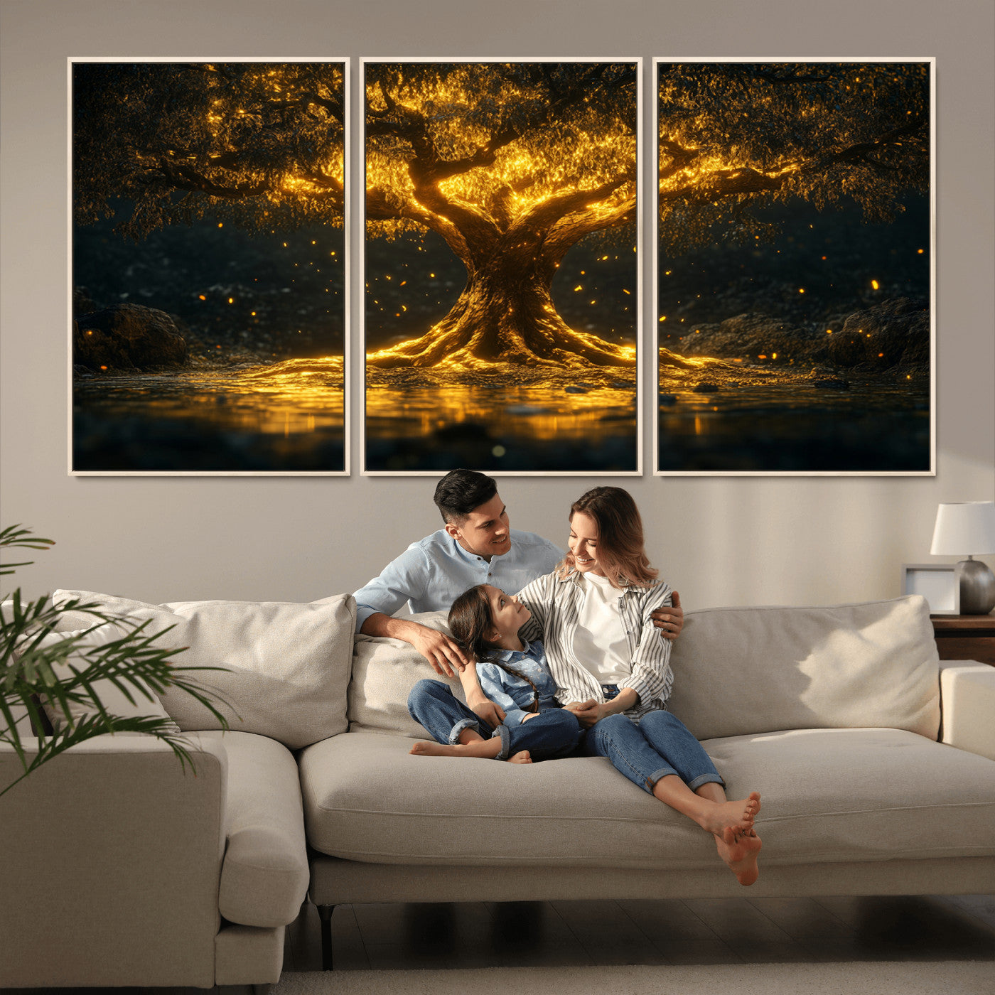 MGV-FC-60X30-3P - Golden Tree of Life Canvas Wall Art Print - Majestic Glowing Tree Wall Art Print