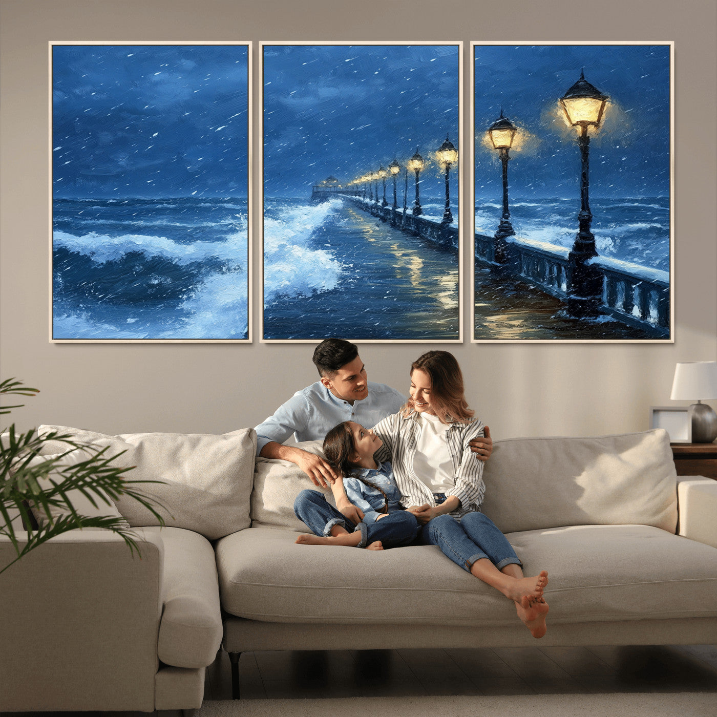 MGV-FC-60X30-3P - Stormy Ocean Pier Lights Canvas Wall Art Print - Large Moody Night Scene for Living Room, or Office,