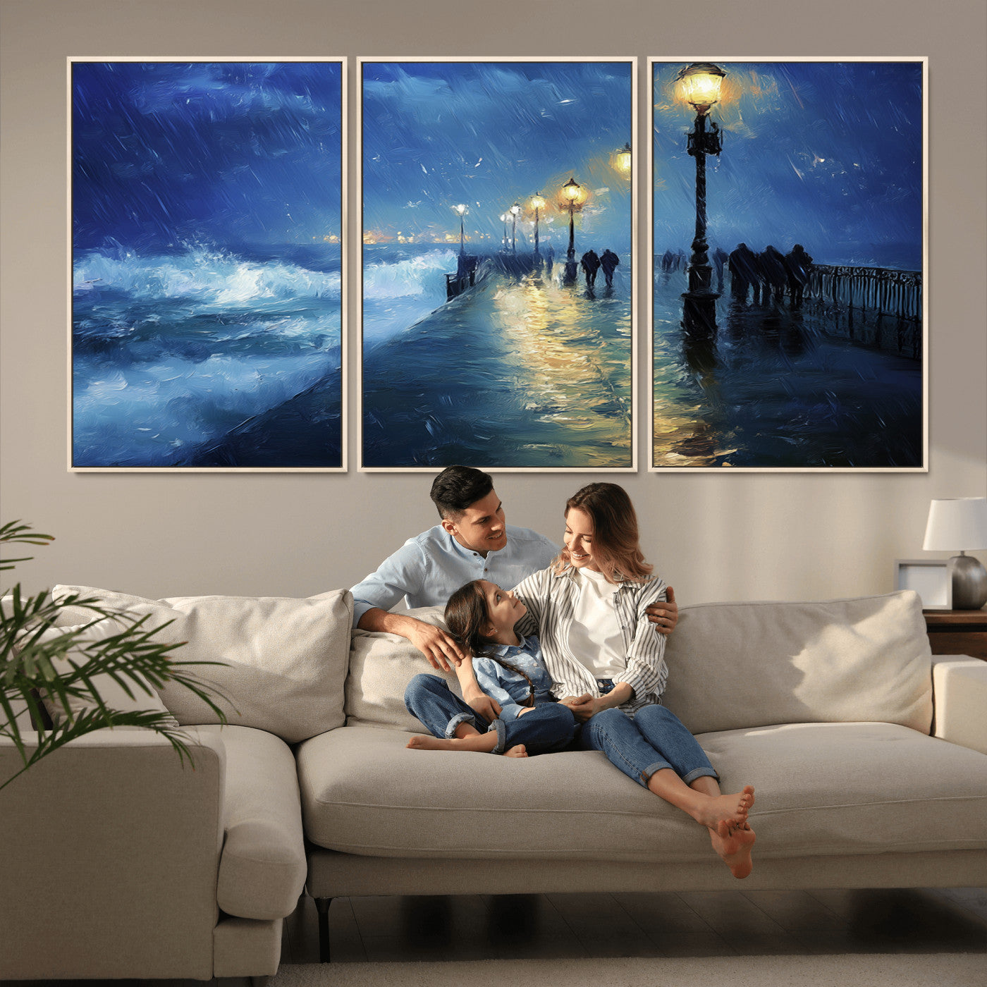 MGV-FC-60X30-3P - Abstract Stormy Ocean Pier Canvas Wall Art Print | Stormy Ocean Art | Large Moody Night Scene Print,