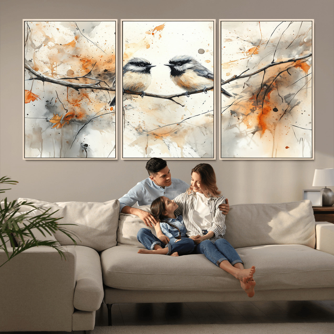 A soft and elegant watercolor painting of two chickadees perched on a delicate branch, surrounded by splashes of orange and neutral tones evoking a calm autumn day.