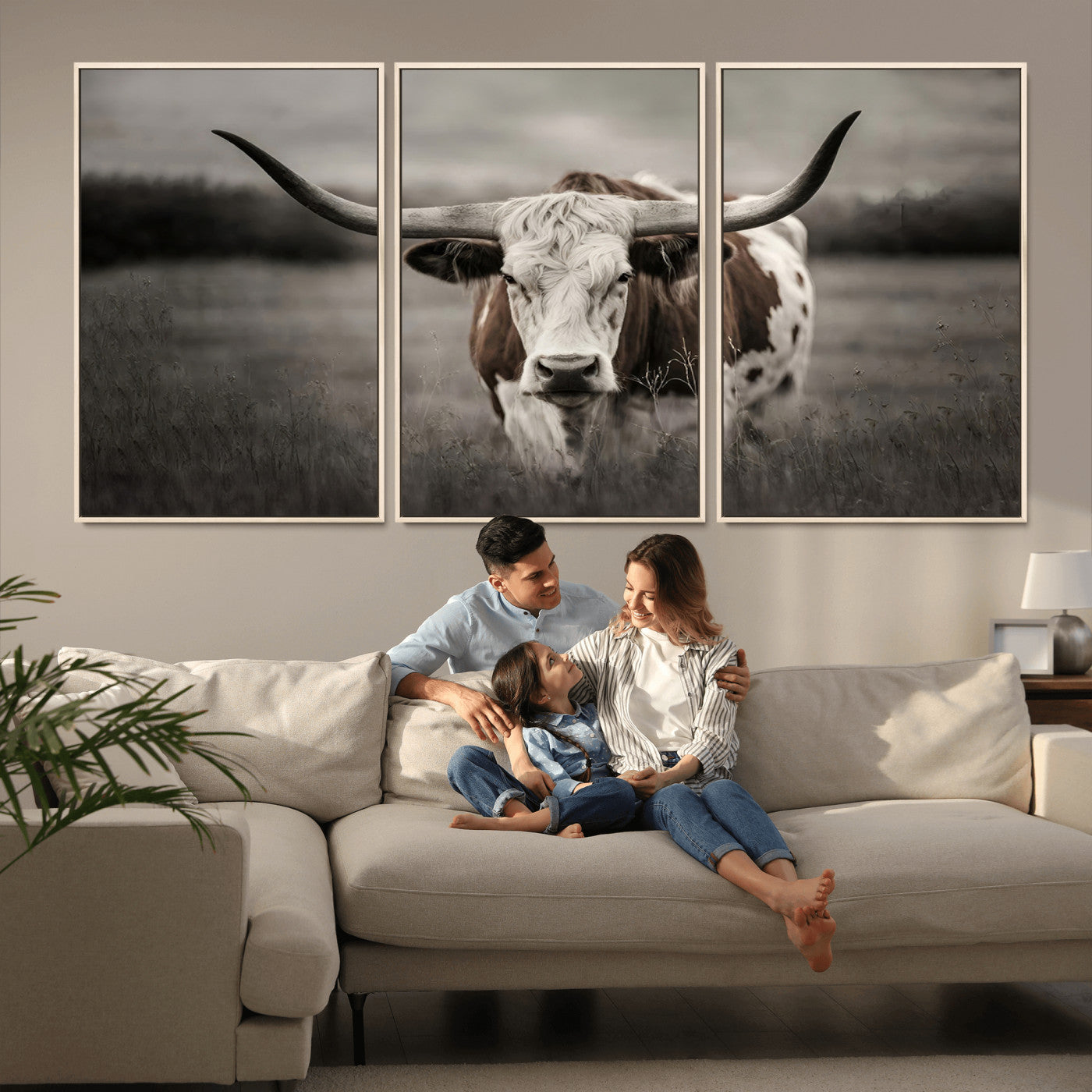 MGV-FC-60X30-3P - Texas Longhorn Cow Canvas Wall Art Print - Large Rustic Longhorn Art for Living Room, Western Wall