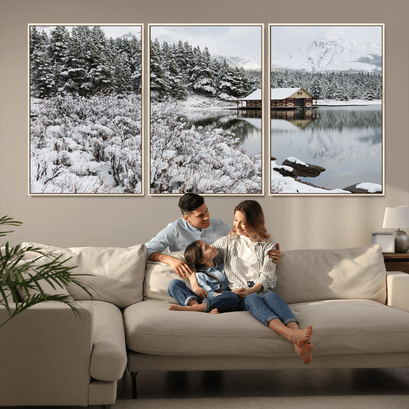 MGV-FC-60X30-3P - Winter Wall Art - Cabin by the Lake Canvas Wall Art - Serene Snowy Landscape with Mountain View,
