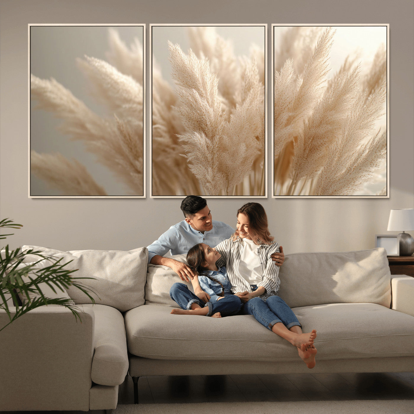 MGV-FC-60X30-3P - Pampas Grass Canvas Wall Art - Elegant Neutral Decor for Living Room, Boho Minimalist Artwork, Ready