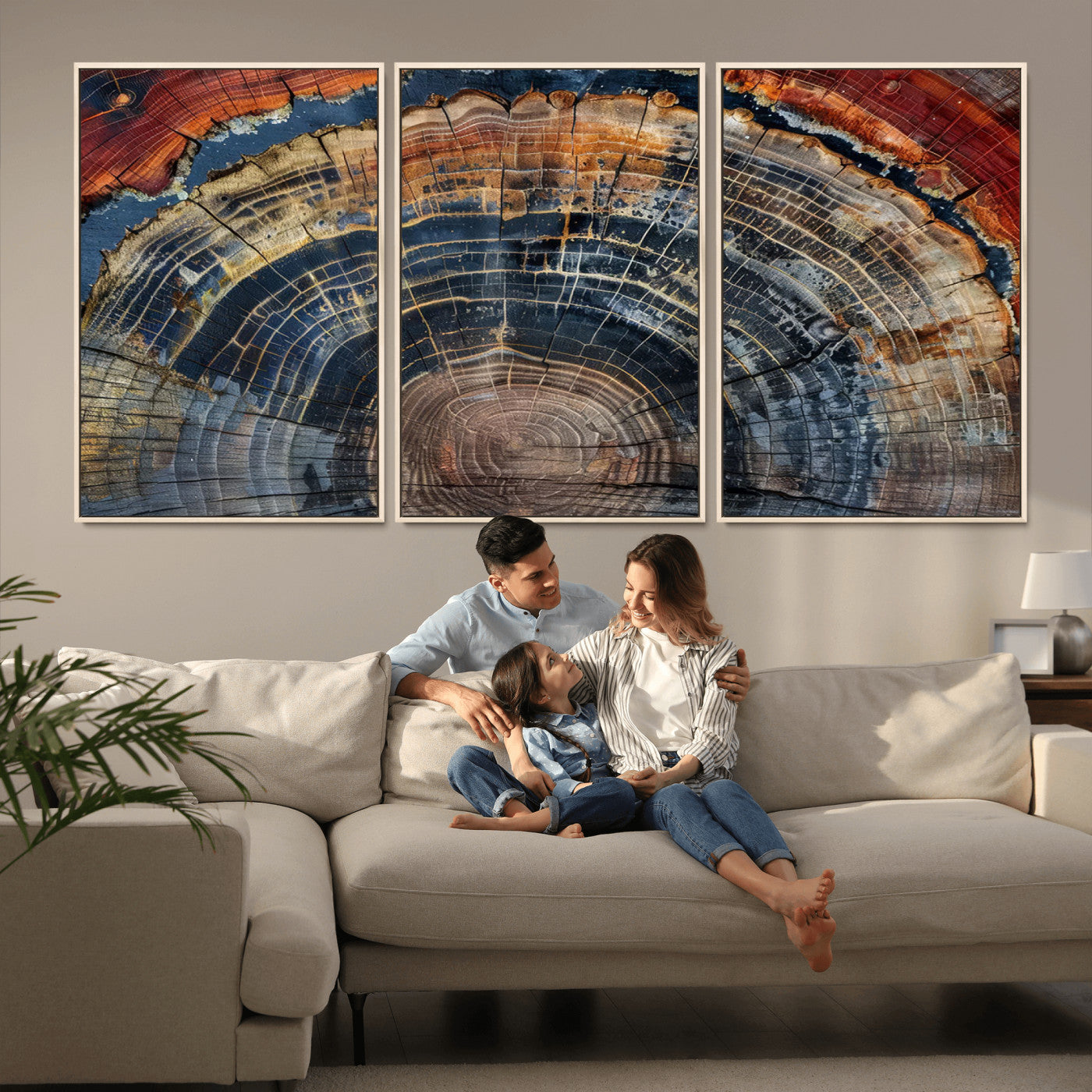 MGV-FC-60X30-3P - Abstract Tree Ring Wall Art, Colorful Framed Tree Ring Wall Decor, Minimalist Home Canvas Art,