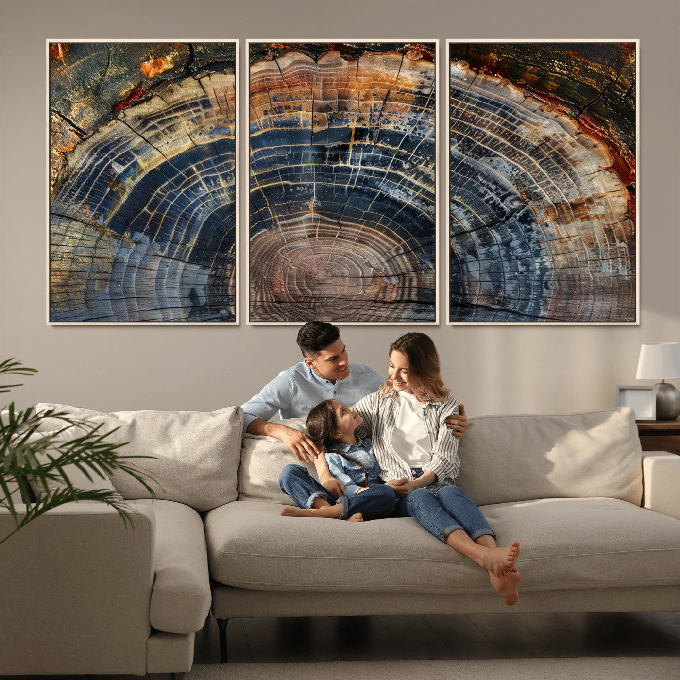 MGV-FC-60X30-3P - Framed Tree Ring Wall Art - Abstract Colorful Tree Ring Wall Decor, Minimalist Home Canvas Art,