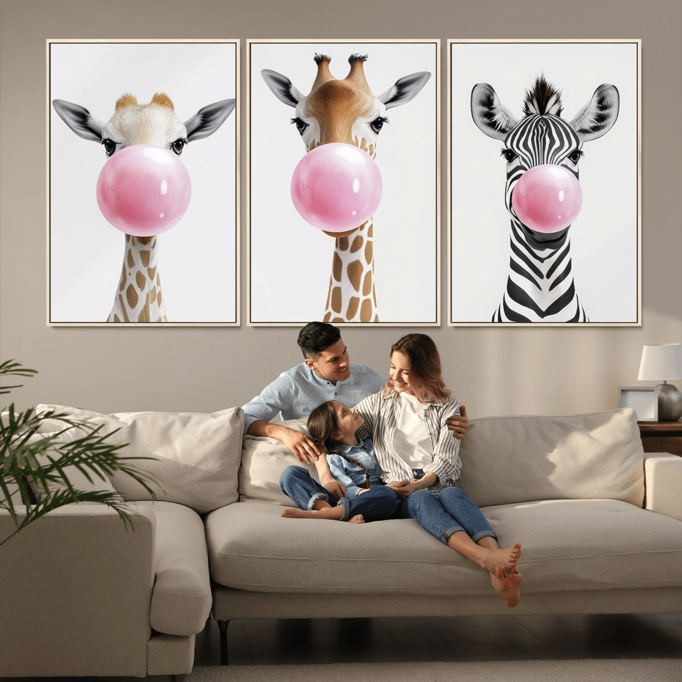 MGV-FC-60X30-3P - Bubblegum Animals Canvas Wall Art - Playful Giraffe and Zebra Trio, Fun Nursery Decor for Kids'