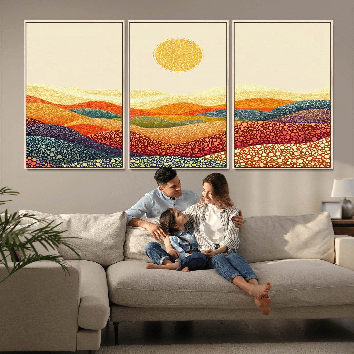MGV-FC-60X30-3P - YAYOI KUSAMA Colorful Dot Art Landscape Canvas - Framed Abstract Pointillism Inspired by Nature with