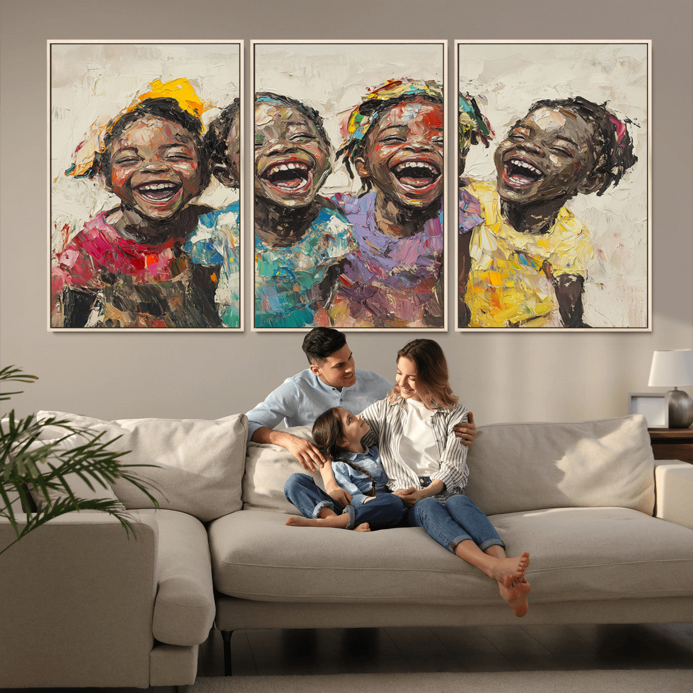 MGV-FC-60X30-3P - Shai Yossef style Joyful Childhood Canvas Wall Art - Expressive Impasto Painting of Black Children