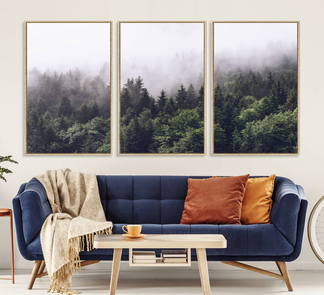 A serene triptych nature print featuring a misty forest, perfect as wall art.