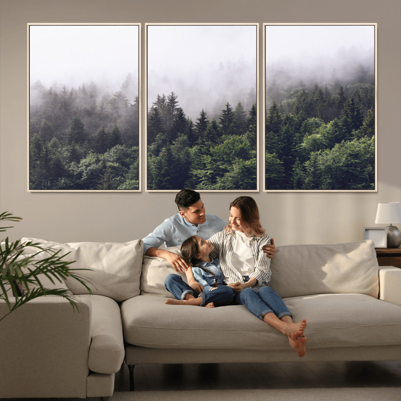 MGV-FC-60X30-3P - Misty Forest Wall Art | Foggy Forest Canvas Print | Large Nature-Inspired Misty Tree Landscape for