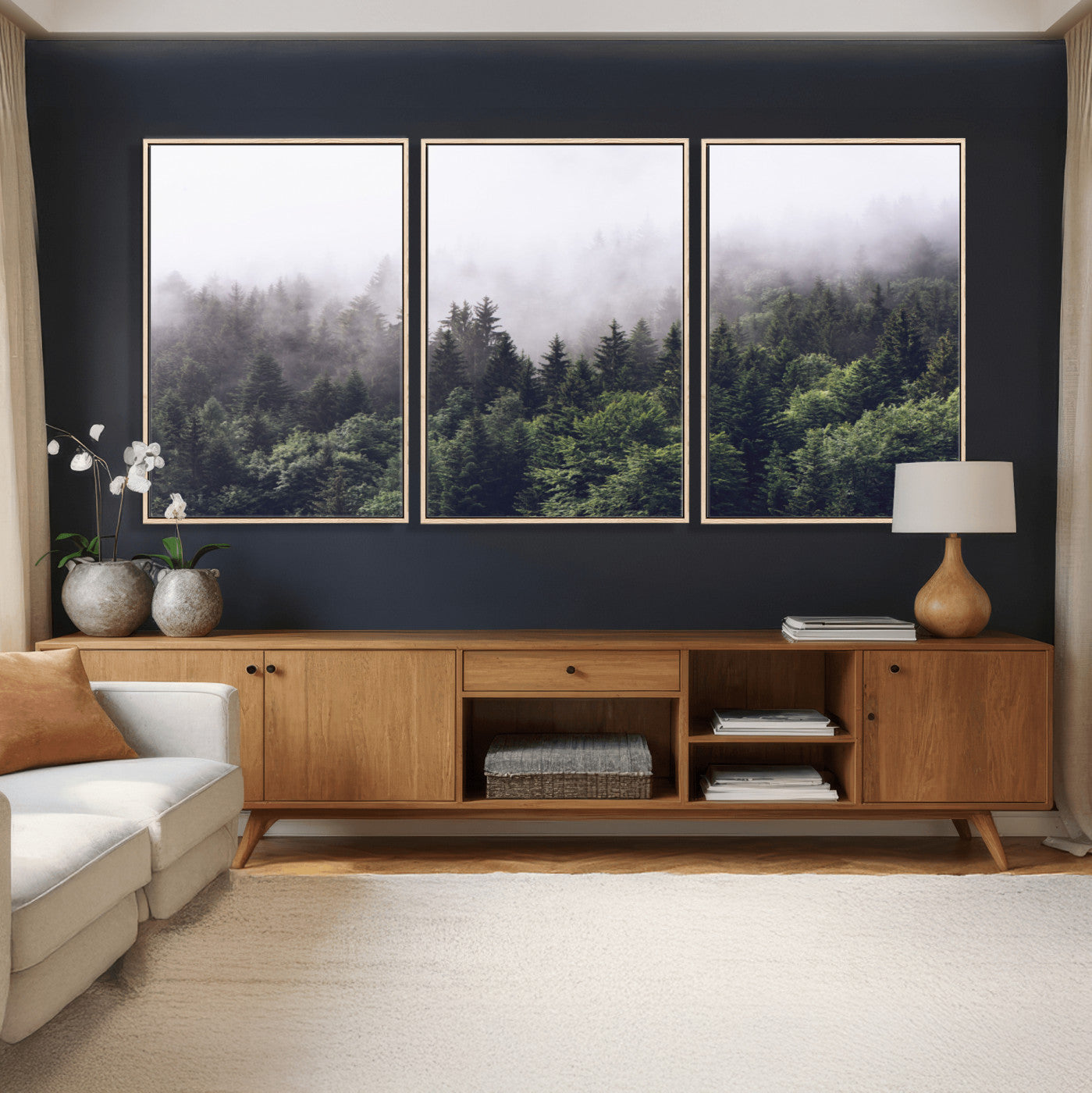 42578900-MGV-CV-36X24 - Misty Forest Canvas Wall Art – Serene Triptych Nature Print – Woodland Landscape Decor for Living