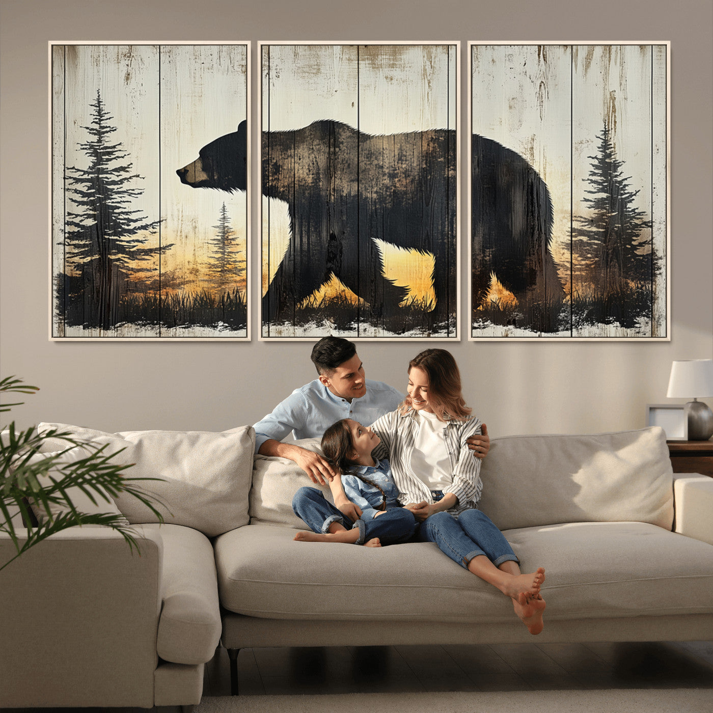 83875-MGV-CV-36X24-Vintage Bear Wall Art Canvas Print for Farmhouse - Mountain Wood Canvas Wall Art - Forest Silhouette