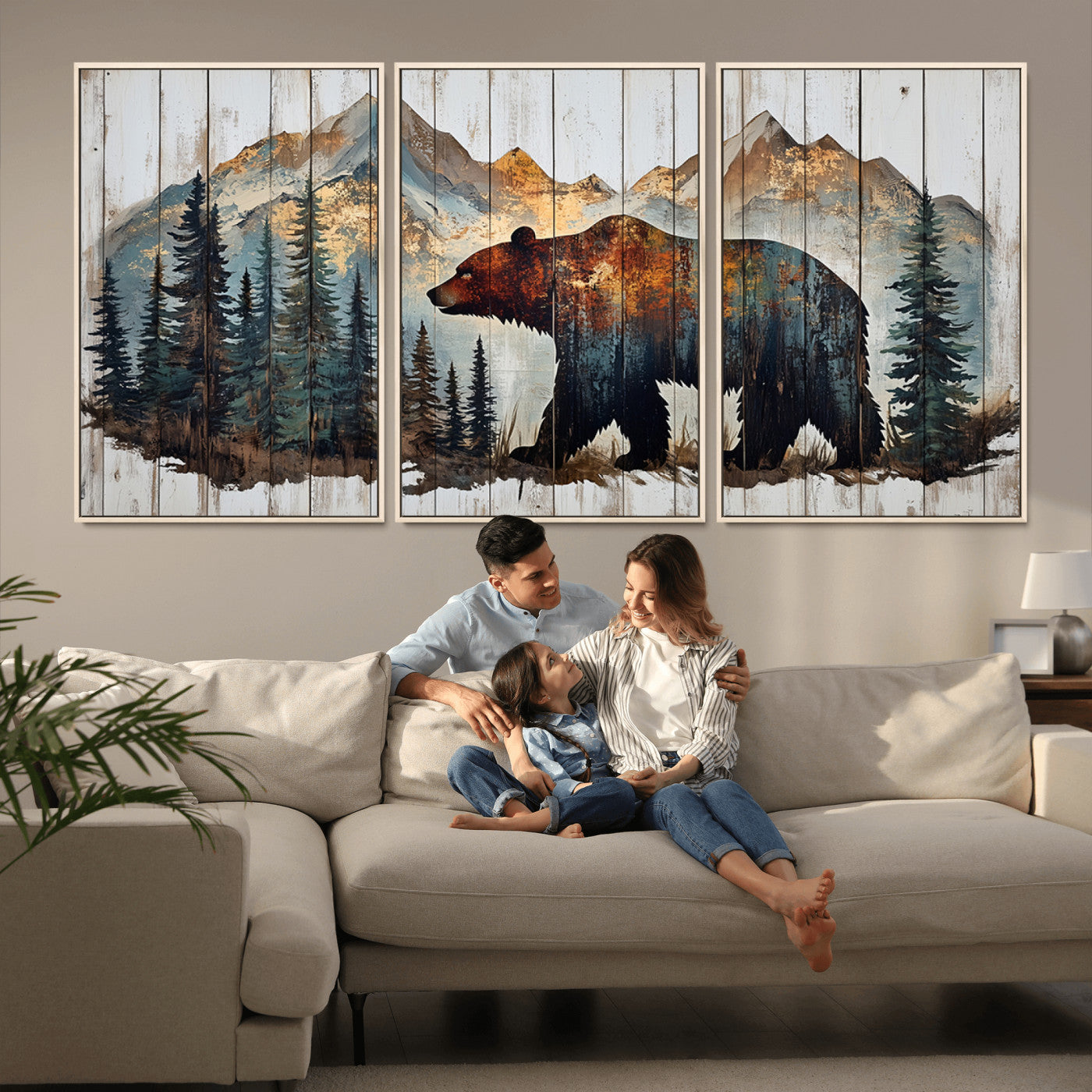 55777-MGV-CV-36X24-Rustic Grizzly 399 Bear and Mountain Wood Canvas Wall Art - Framed Nature Artwork with Forest