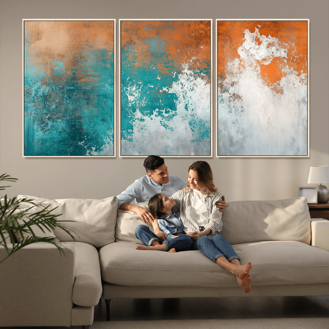 MGV-FC-60X30-3P - Vintage Abstract Print - Bold Teal and Orange Canvas Wall Art - Retro-Vintage Abstract Orange Canvas