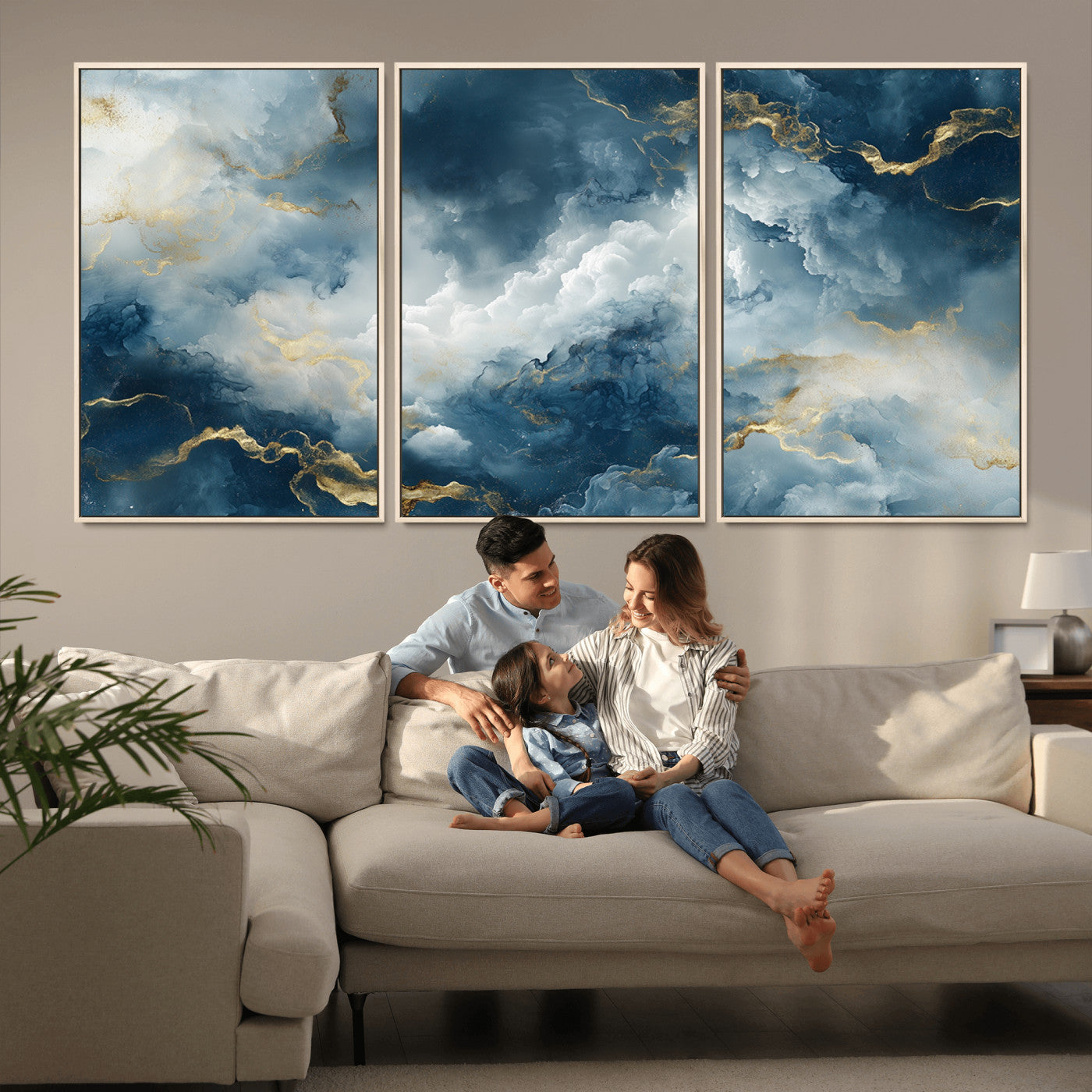 MGV-FC-60X30-3P - Large Abstract Print - Luxe Blue and Gold Abstract Canvas Wall Art - Bold Cloudscape Canvas for