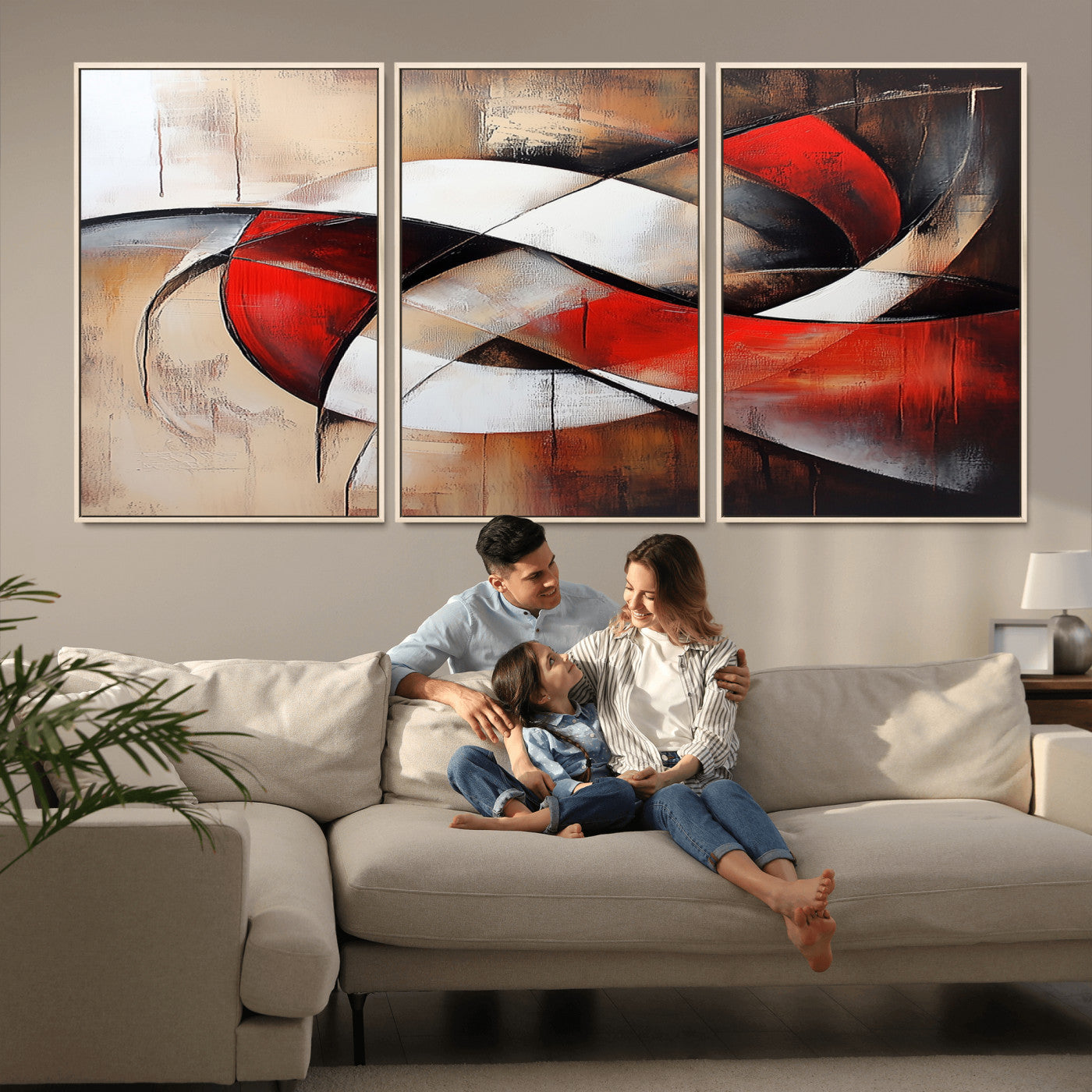 MGV-FC-60X30-3P - Abstract Wall Art - Modern Red and White Canvas Wall Art Print - Bold Geometric Abstract Canvas for