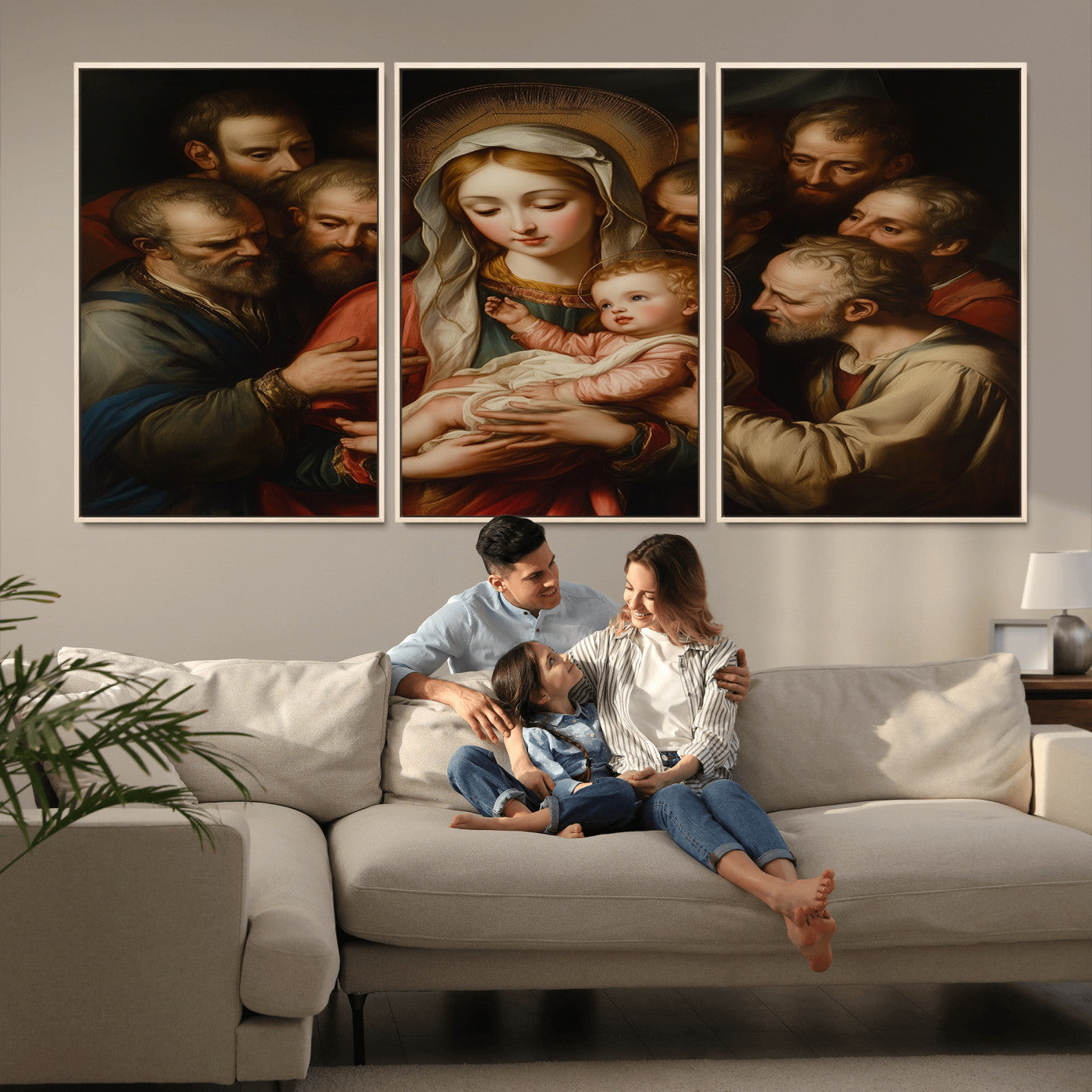 MGV-FC-60X30-3P - Religious Canvas Wall Art Print - Madonna and Child with Apostles Art Print - Classic Christian