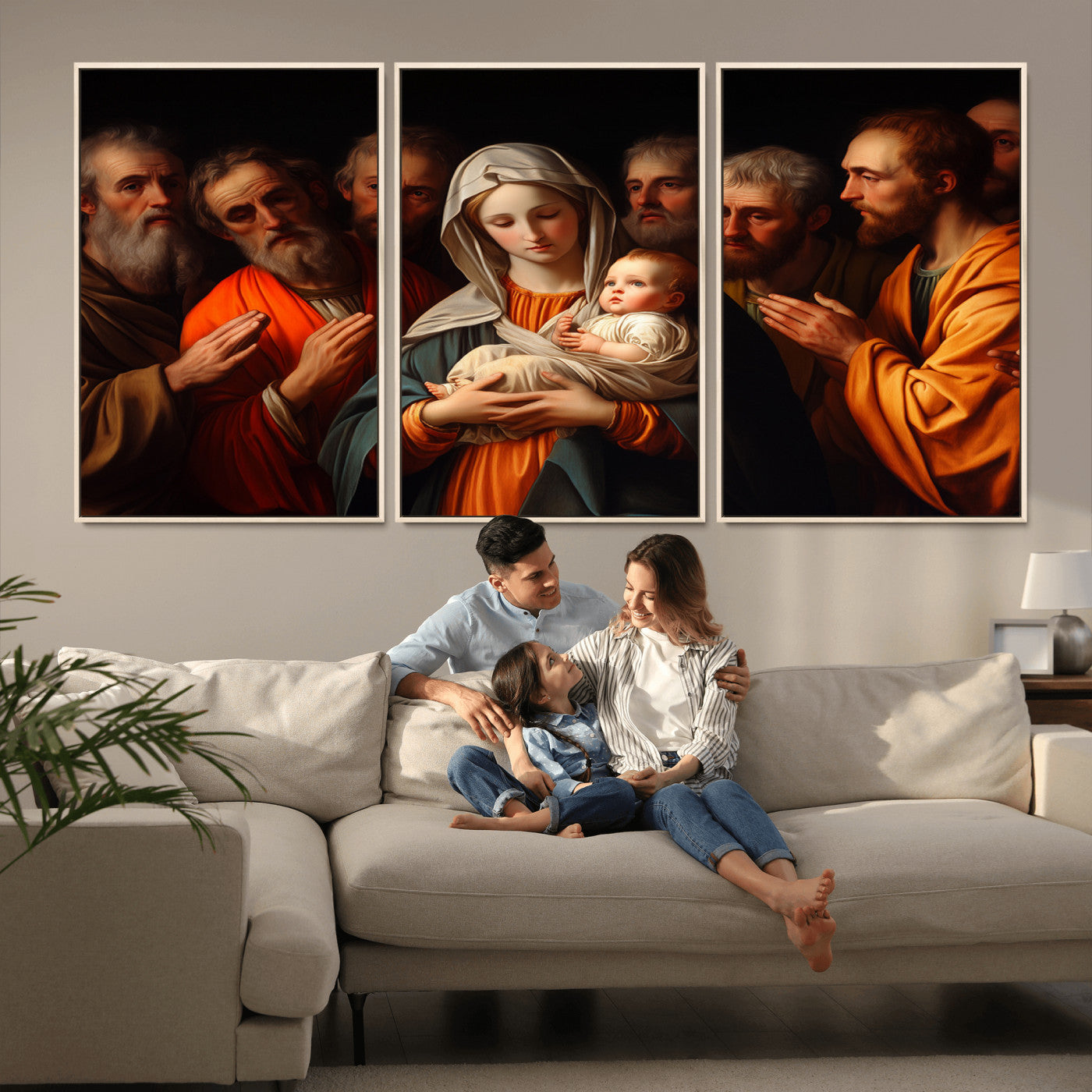 MGV-FC-60X30-3P - Religious Canvas Wall Art Print - Madonna and Child with Apostles Art Print - Classic Christian