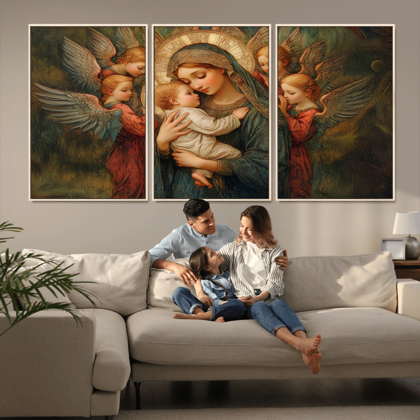 MGV-FC-60X30-3P - Mary Jesus Canvas Wall Art Print - Madonna and Child with Angels Art Print - Classic Christian