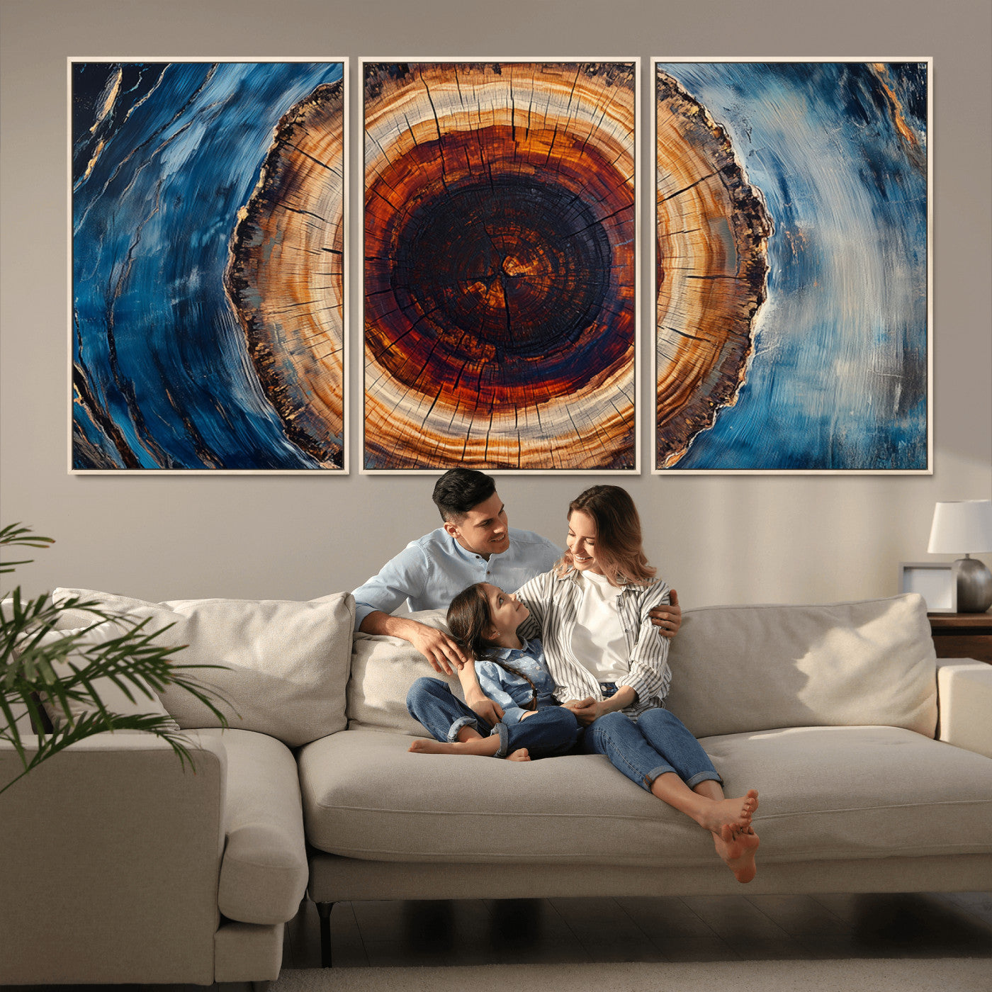 MGV-FC-60X30-3P - Framed Abstract Tree Ring Wall Art Print, Natural Rustic Wood Texture Canvas Print, Wood Tree Stump
